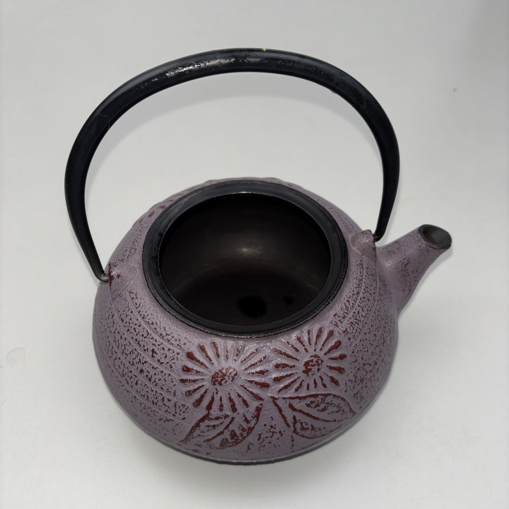 Purple Japanese Cast Iron Teapot Tetsubin Floral Chrysanthemum Pattern Rare - Picture 9 of 13